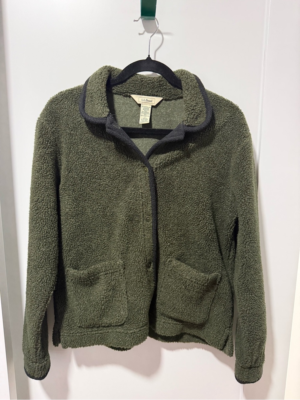 L.L. Bean Olive Green Sherpa Teddy Jacket with Contrast Trim